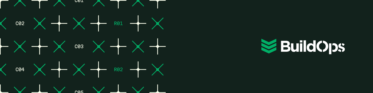 LinkedIn banner: Precision marker grid with coordinate labels, BuildOps logo right